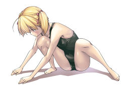 Rule 34 | 1girl, absurdres, ahoge, black one-piece swimsuit, blonde hair, closed mouth, highres, itosugi masahiro, m legs, one-piece swimsuit, original, pink ribbon, ribbon, school swimsuit, short hair, simple background, swimsuit, twintails, white background