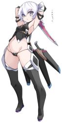 Rule 34 | 1girl, armpits, arms up, bandaged arm, bandages, bare shoulders, black footwear, black panties, black shirt, black thighhighs, boots, breasts, commentary request, dagger, dual wielding, fate/grand order, fate (series), full body, green eyes, groin, hair between eyes, highres, holding, holding dagger, holding knife, holding weapon, jack the ripper (fate/apocrypha), karukan (monjya), knife, leaning back, looking at viewer, lowleg, lowleg panties, navel, panties, parted lips, scar, scar across eye, scar on face, sheath, shirt, simple background, sleeveless, sleeveless shirt, small breasts, solo, standing, thigh boots, thighhighs, translation request, underwear, weapon, white background