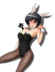 Rule 34 | 10s, 1girl, animal ears, armpits, bad id, bad pixiv id, bare shoulders, black hair, black pantyhose, blush, bow, bowtie, brave witches, breasts, cleavage, detached collar, fake animal ears, leotard, open mouth, pantyhose, playboy bunny, rabbit ears, shimohara sadako, short hair, silhouette demon, simple background, solo, strike witches, ulrich (tagaragakuin), waltrud krupinski, world witches series, wrist cuffs