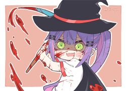 Rule 34 | blood, blood on face, blood stain, blush stickers, chibi, commentary, ear piercing, english commentary, fangs, green eyes, gym shirt, gym uniform, hair ornament, hairclip, hololive, kukie-nyan, long hair, minecraft, multicolored hair, pickaxe, piercing, pink hair, pointy ears, purple hair, shirt, short sleeves, skin fangs, streaked hair, tokoyami towa, twintails, twitter username, virtual youtuber, white shirt
