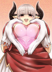 Rule 34 | 10s, 1girl, :d, alicia (granblue fantasy), blunt bangs, blush, breasts, center opening, cleavage, cleavage cutout, clothing cutout, covered erect nipples, draph, dress, eyebrows, gloves, granblue fantasy, heart, heart cutout, heart hands, horns, inverted nipples, large breasts, long hair, looking at viewer, nipples, open mouth, pointy ears, red dress, red eyes, silver hair, smile, solo, teeth, underboob, underboob cutout, upper body, wanao, white gloves