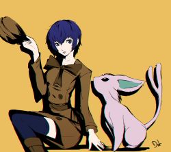 Rule 34 | 1girl, blue eyes, blue hair, blue thighhighs, bow, coat, cosplay, creatures (company), crossover, dh (brink of memories), espeon, game freak, gen 2 pokemon, hat tip, nintendo, persona, persona 4, pokemon, pokemon xy, shirogane naoto, short hair, sitting, tail, thighhighs, very short hair