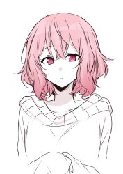Rule 34 | 1girl, absurdres, benichiru, collarbone, highres, indie utaite, long sleeves, looking at viewer, niconico, nqrse, open mouth, parted lips, pink eyes, pink hair, short hair, simple background, solo, sweater, upper body, utaite, wavy hair, white background
