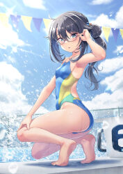 Rule 34 | 1girl, barefoot, black-framed eyewear, black hair, blue one-piece swimsuit, blue sky, breasts, chain-link fence, cloud, competition swimsuit, day, fence, glasses, grey eyes, hassen (8cm), highres, kneeling, long hair, looking at viewer, multicolored clothes, multicolored swimsuit, one-piece swimsuit, original, outdoors, poolside, side ponytail, sky, small breasts, solo, starting block, string of flags, swimsuit