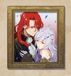 Rule 34 | 1boy, 1girl, arvis (fire emblem), brother and sister, brown gloves, closed mouth, deirdre (fire emblem), dress, fire emblem, fire emblem: genealogy of the holy war, gloves, hair ornament, highres, husband and wife, kyufe, long hair, nintendo, parted lips, photo (object), picture frame, purple eyes, purple hair, red eyes, red hair, siblings, upper body, wedding dress, wedding suit, white gloves