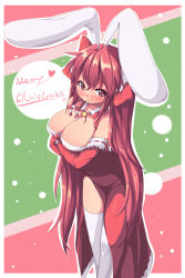 Rule 34 | 1girl, animal ears, between breasts, bow, breasts, christmas, cleavage, di gi charat, dice, dress, hair bow, highres, long hair, rabbit ears, red eyes, red hair, saiste, side slit, smile, solo, thighhighs, twintails, usada hikaru, white thighhighs