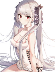 Rule 34 | 1girl, azur lane, backless outfit, bare arms, bare shoulders, blunt bangs, breasts, cleavage, cleavage cutout, clothing cutout, cowboy shot, cross-laced clothes, formidable (azur lane), from side, hair over breasts, hair over shoulder, highres, large breasts, long hair, long sleeves, looking at viewer, no pants, red eyes, side-tie costume, sidelocks, simple background, sitting, solo, sweater, turtleneck, twintails, two-tone ribbon, very long hair, white background, white legwear, white sweater, zhi (yammycheese)
