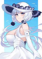 Rule 34 | 1girl, azur lane, blue background, blue eyes, blue gemstone, blunt bangs, blush, breasts, closed mouth, dress, elbow gloves, from side, gem, gloves, hat, highres, illustrious (azur lane), large breasts, long hair, looking at viewer, smile, solo, strapless, strapless dress, sun hat, tri tails, upper body, very long hair, waka (user unuj5373), white dress, white gloves, white hair, white hat