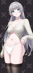 Rule 34 | 1girl, abs, absurdres, black nails, black thighhighs, blue eyes, blush, borrowed character, breasts, choker, closed mouth, commentary request, earrings, eyelashes, flower earrings, grey hair, highres, jewelry, large breasts, long hair, long sleeves, looking at viewer, midriff, mismatched earrings, mr.blackcat666, nail polish, navel, navel piercing, no bra, original, panties, piercing, revealing clothes, sleeves past wrists, smile, solo, standing, stud earrings, thighhighs, underwear, very long hair, white choker, white panties