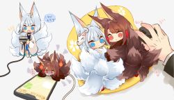 Rule 34 | 1boy, 2girls, akagi (azur lane), animal ears, azur lane, blue eyes, blue skirt, blunt bangs, brown hair, cable, cellphone, commander (azur lane), commentary request, eyeshadow, fox ears, fox girl, fox mask, fox tail, hair tubes, japanese clothes, kaga (azur lane), kitsune, kyuubi, long hair, long sleeves, looking at viewer, looking back, lying, makeup, mask, mask on head, mini person, minigirl, mouse (computer), mousepad (object), multiple girls, multiple tails, on side, on stomach, out of frame, phone, pleated skirt, putimaxi, red eyes, short hair, sidelocks, size difference, skirt, smartphone, tail, translation request, usb, white hair, wide sleeves