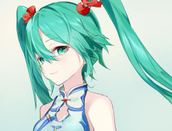Rule 34 | 1girl, absurdres, aqua eyes, aqua hair, bare shoulders, china dress, chinese clothes, commentary, dress, hair between eyes, half-closed eyes, hatsune miku, highres, long hair, looking at viewer, portrait, sleeveless, sleeveless dress, smile, solo, tsukasa (pixiv34617881), twintails, vocaloid, white dress
