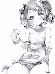 Rule 34 | 1girl, apron, bad id, bad twitter id, bow, braid, braided bangs, breasts, greyscale, hair bow, hand up, head tilt, highres, looking at viewer, monochrome, morinaka kazaki, naked apron, nanashi (nlo), nijisanji, nipples, parted lips, pussy, short hair, simple background, sitting, small breasts, solo, twintails, virtual youtuber, white background