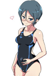 Rule 34 | 10s, 1girl, alternate eye color, alternate hair color, black one-piece swimsuit, blue eyes, blue hair, blush, closed mouth, commentary, competition swimsuit, covered navel, cowboy shot, girls und panzer, glasses, heart, looking at viewer, mordeth, one-piece swimsuit, rumi (girls und panzer), short hair, simple background, smile, solo, standing, swimsuit, white background