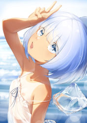 Rule 34 | 1girl, absurdres, bare shoulders, blue eyes, blue hair, cirno, dress, eyes visible through hair, flat chest, flower, hidden star in four seasons, highres, ice, ice wings, light blue hair, looking at viewer, morning glory, nipples, ri-el, short hair, solo, strap slip, tan, tanline, tanned cirno, touhou, v, water, white dress, wings