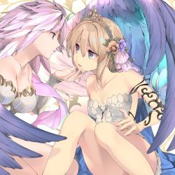 Rule 34 | 2girls, :d, :o, angel wings, bare legs, bare shoulders, blonde hair, blue eyes, bracer, breasts, cleavage, collarbone, couple, crown, dress, europa (granblue fantasy), eye contact, feathers, female focus, flower, gabriel (granblue fantasy), grabbing another&#039;s chin, granblue fantasy, hair between eyes, hair flower, hair ornament, hand up, imminent kiss, large breasts, legs, light brown hair, light purple hair, lips, looking at another, multiple girls, naruse hirofumi, neck, open mouth, rose, short dress, short hair, sitting, small breasts, smile, strapless, strapless dress, wings, yuri