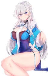 Rule 34 | 1girl, absurdres, alternate costume, azur lane, belfast (azur lane), belfast (iridescent rosa) (azur lane), blue eyes, blue panties, blush, braid, breasts, chain, china dress, chinese clothes, cleavage cutout, closed mouth, clothing cutout, collar, dress, earrings, heart, highres, huge filesize, jewelry, large breasts, long hair, looking at viewer, maid headdress, mapyarong, panties, pelvic curtain, shrug (clothing), side-tie panties, sidelocks, silver hair, simple background, sitting, smile, solo, standing, thighs, underwear, untied panties, white background