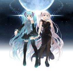 Rule 34 | 2girls, aqua eyes, aqua hair, boots, china dress, chinese clothes, dress, hair ribbon, holding hands, hand on own chest, hatsune miku, headset, highres, long hair, mabinogi, multiple girls, nao (mabinogi), official art, ribbon, sky, star (sky), starry sky, thigh boots, thighhighs, twintails, very long hair, vocaloid, white hair