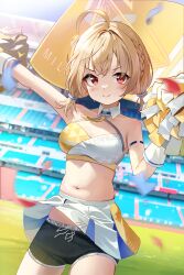 Rule 34 | 1girl, absurdres, ahoge, alpha beast, black shorts, blonde hair, blue archive, blush, breasts, cheering, cheerleader, cleavage, closed mouth, cowboy shot, detached collar, halo, halterneck, highres, holding, holding pom poms, kotori (blue archive), kotori (cheer squad) (blue archive), large breasts, long hair, looking at viewer, millennium cheerleader outfit (blue archive), navel, official alternate costume, pleated skirt, pom pom (cheerleading), pom poms, red eyes, short twintails, shorts, skirt, smile, solo, twintails, white skirt, yellow halo