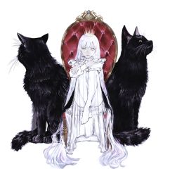 Rule 34 | 1girl, absurdly long hair, animal, black cat, cat, chair, crossed arms, crown, frills, highres, knees up, long hair, long sleeves, looking at viewer, original, oversized animal, shirone (coxo ii), simple background, sitting, solo, very long hair, white background, white hair, yellow eyes