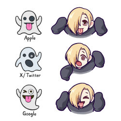 1girl apple_inc. blonde_hair brown_eyes closed_eyes commentary emoji ghost google hair_over_one_eye hood hoodie idolmaster idolmaster_cinderella_girls iseki_sin long_sleeves looking_at_viewer one_eye_covered open_mouth shirasaka_koume short_hair simple_background sleeves_past_fingers sleeves_past_wrists smile symbol-only_commentary tongue tongue_out twitter white_background