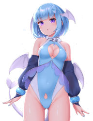 Rule 34 | 1girl, :o, bare shoulders, blue hair, blunt bangs, blush, breasts, bridal gauntlets, cleavage, cleavage cutout, clothing cutout, collar, collarbone, cowboy shot, elbow gloves, gloves, gluteal fold, head wings, leotard, looking at viewer, medium breasts, nail polish, original, purple eyes, sasaame, short hair, solo, tail, white background, wings