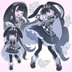 Rule 34 | 1girl, animal ears, black dress, black footwear, black hair, black leggings, blunt bangs, checkered clothes, collar, commentary, dress, droopy ears, facing viewer, floating hair, frilled collar, frilled dress, frills, full body, gradient background, grey eyes, grey trim, hand on own chin, highres, holding, holding stuffed toy, layered clothes, leggings, long hair, long sleeves, looking at viewer, multiple views, myunazzang, one eye closed, original, outline, pigeon-toed, rabbit ears, sidelocks, sleeve cuffs, sticker, stuffed animal, stuffed rabbit, stuffed toy, symbol-only commentary, uneven eyes, v, very long hair, white outline