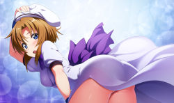 Rule 34 | 1girl, arm up, ass, back bow, bad id, bad pixiv id, bent over, blue eyes, blush, bow, brown hair, dress, hand on headwear, hat, higurashi no naku koro ni, hinahara hajime, huge ass, lens flare, looking at viewer, open mouth, purple bow, ryuuguu rena, see-through, short hair, solo, thick thighs, thighs, white dress, white hat