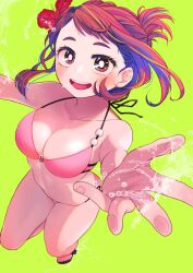 Rule 34 | 1girl, bikini, blush, boku no hero academia, breasts, brown eyes, brown hair, cleavage, foreshortening, hair flowing over, halterneck, highres, looking at viewer, medium breasts, open mouth, outstretched arm, outstretched hand, perspective, reaching, reaching towards viewer, saburou (326xxx1), short hair, short ponytail, side-tie bikini bottom, sidelocks, simple background, smile, solo, string bikini, swimsuit, uraraka ochako