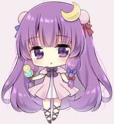 Rule 34 | 1girl, absurdly long hair, black bow, black bowtie, black footwear, blunt bangs, blush, bow, bowtie, chestnut mouth, chibi, commentary request, crescent, crescent hair ornament, double bun, double scoop, dress, food, hair bun, hair ornament, hair ribbon, head tilt, holding, holding food, ice cream, ice cream cone, kagome f, leg ribbon, long hair, looking at viewer, no headwear, open clothes, open robe, patchouli knowledge, pink background, pink robe, purple background, purple eyes, purple hair, ribbon, robe, short dress, sidelocks, simple background, solo, standing, striped clothes, striped dress, touhou, tress ribbon, vertical-striped clothes, vertical-striped dress, very long hair