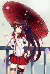 Rule 34 | 10s, 1girl, bad id, bad pixiv id, bread sakana, breasts, brown hair, detached sleeves, flower, hair flower, hair ornament, highres, kantai collection, large breasts, long hair, looking at viewer, oil-paper umbrella, personification, petals, ponytail, red eyes, single thighhigh, skirt, smile, solo, thighhighs, umbrella, very long hair, yamato (kancolle)
