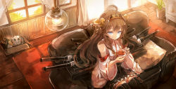 Rule 34 | 10s, 1girl, 60mai, ahoge, blue eyes, brown hair, couch, cup, detached sleeves, double bun, failure penguin, from above, hairband, highres, kantai collection, kongou (kancolle), long hair, looking at viewer, machinery, nontraditional miko, sitting, smile, solo, teacup, turret