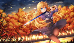Rule 34 | 1girl, autumn, autumn leaves, belt, blonde hair, blue eyes, circle skirt, evening, half updo, healther, highres, leaf, lens flare, looking at viewer, original, pantyhose, skirt, smile, solo, sunset, sword, weapon, wind, wind lift