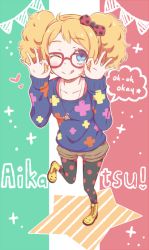 Rule 34 | 10s, 1girl, ;q, aikatsu!, aikatsu! (series), bad id, bad pixiv id, black pantyhose, blonde hair, blue eyes, boots, bow, catchphrase, check (check book), copyright name, double ok sign, english text, glasses, hair bow, ok sign, one eye closed, pantyhose, pantyhose under shorts, patterned legwear, polka dot, polka dot bow, polka dot legwear, print sweater, saegusa kii, shoes, shorts, solo, star (symbol), sweater, tongue, tongue out, twintails, wink, yellow footwear