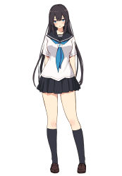 1girl absurdres arms_behind_back bad_id bad_pixiv_id black_hair black_skirt black_socks blue_eyes blush breasts brown_footwear full_body highres iiniku1212 kneehighs large_breasts long_hair looking_at_viewer miniskirt original parted_lips pleated_skirt school_uniform serafuku shirt shoes short_sleeves simple_background skirt socks solo white_background white_shirt