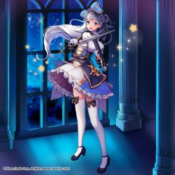 Rule 34 | 1girl, artist name, blue eyes, bow, company name, curly hair, gloves, gyakushuu no fantasica, instrument, long hair, musical note, night, official art, open mouth, solo, sparkle, star (symbol), teeth, thighhighs, uuhui, violin, white hair, window