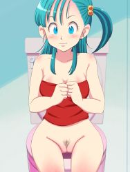Rule 34 | 1girl, aqua hair, bare arms, bare legs, bare shoulders, bathroom, blue eyes, blush, body blush, bottomless, breasts, bulma, censored, cleavage, clenched hands, closed mouth, collarbone, dragon ball, engawa suguru, female focus, female pubic hair, hair bobbles, hair ornament, highres, large breasts, legs, long hair, looking at viewer, mosaic censoring, navel, neck, no panties, pubic hair, pussy, red tube top, shy, side ponytail, sitting, solo, strapless, surprised, thighs, toilet, tube top, tube top, wavy mouth