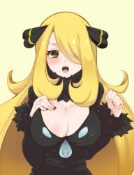 Rule 34 | 00s, 1girl, blonde hair, blush, breasts, chorimokki, cleavage, creatures (company), cynthia (pokemon), game freak, hair ornament, hair over one eye, hand on own chest, large breasts, long hair, looking at viewer, nail polish, nintendo, open mouth, pokemon, pokemon dppt, solo