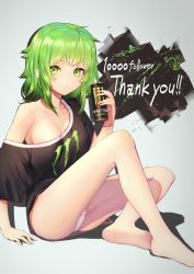 Rule 34 | 1girl, absurdres, arm support, bare legs, barefoot, black shirt, breasts, cleavage, closed mouth, collarbone, commentary request, green eyes, green hair, grey background, highres, holding, itaco, knee up, logo, long hair, looking at viewer, medium breasts, mole, monster energy, monster energy-chan, no bra, no pants, off shoulder, original, oversized clothes, panties, pantyshot, product girl, shadow, shirt, short sleeves, sidelocks, simple background, single bare shoulder, sitting, solo, t-shirt, thank you, underwear, white panties