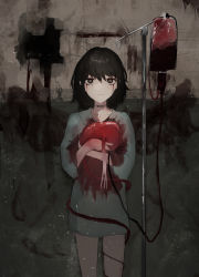 Rule 34 | 1girl, absurdres, barcode, black hair, blood, blood bag, blood on clothes, brown eyes, closed mouth, highres, holding, hospital gown, intravenous drip, iv stand, looking at viewer, original, pikuson, short hair, solo, standing
