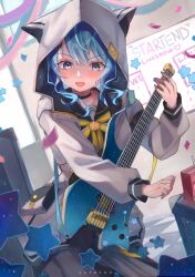 Rule 34 | 1girl, absurdres, animal hood, artist name, black choker, blue eyes, blue hair, bow, bowtie, brooch, cat hood, choker, commentary, cowboy shot, dutch angle, electric guitar, guitar, highres, holding, holding instrument, hololive, hood, hood up, hooded jacket, hoshimachi suisei, hoshimachi suisei (school uniform), indoors, instrument, jacket, jewelry, long sleeves, official alternate costume, open mouth, pota ken, puffy long sleeves, puffy sleeves, sidelocks, smile, solo, standing, star (symbol), star brooch, star in eye, symbol in eye, virtual youtuber, watermark, white jacket, yellow bow, yellow bowtie