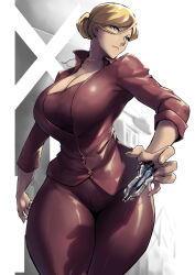 Rule 34 | 1girl, android, blonde hair, blue eyes, braid, breasts, cleavage, collarbone, cowboy shot, french braid, highres, jacket, jewelry, kristanna loken, large breasts, mechanical arms, necklace, packge, ponytail, red jacket, red shirt, red suit, robot, shirt, skirt, solo, suit, t-x, terminator (series), terminator 3: rise of the machines, thick thighs, thighs, wide hips