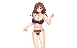 Rule 34 | 1girl, blush, bra, breasts, brown eyes, brown hair, cameltoe, cleavage, closed mouth, feet out of frame, female focus, game cg, gyaruzuma anri no netorase play, hair between eyes, hand up, happy, kisaragi kanna, large breasts, legs, long hair, looking at viewer, matching hair/eyes, nail polish, navel, original, panties, pussy, red nails, simple background, smile, solo, standing, thighs, transparent background, underwear, underwear only