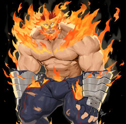 Rule 34 | 1boy, bara, black background, black gloves, bodysuit, boku no hero academia, bulge, dated commentary, endeavor (boku no hero academia), facial hair, fingerless gloves, fire, gloves, gomtang, large pectorals, looking at viewer, male focus, mature male, muscular, muscular male, nipples, pectorals, red hair, short hair, sideburns, solo, spiked hair, teeth, topless male, torn bodysuit, torn clothes