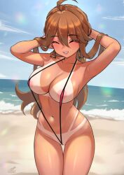 Rule 34 | 1girl, ^ ^, ahoge, areola slip, armpits, arms up, beach, blush, breasts, brown hair, c (theta), cleavage, closed eyes, collarbone, groin, highres, idolmaster, idolmaster million live!, large breasts, multicolored clothes, navel, outdoors, patterned clothing, signature, slingshot swimsuit, smile, solo, stomach, swimsuit, tan, tanline, thigh gap, tokoro megumi
