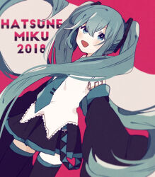 Rule 34 | 1girl, 2018, blue hair, blush, character name, detached sleeves, hair ornament, hatsune miku, long hair, long sleeves, looking at viewer, necktie, open mouth, pink background, pleated skirt, ponponzutea, shirt, skirt, sleeveless, sleeveless shirt, smile, solo, thighhighs, vocaloid
