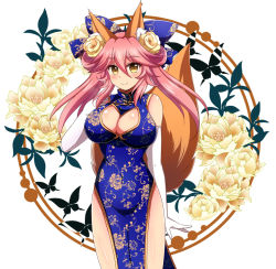 Rule 34 | 1girl, afuro, animal ear fluff, animal ears, bare shoulders, blush, breasts, china dress, chinese clothes, cleavage, dress, fate/grand order, fate (series), floral background, fox ears, fox girl, fox tail, gloves, hair ornament, hair ribbon, large breasts, looking at viewer, pink hair, ribbon, smile, solo, tail, tamamo (fate), tamamo no mae (fate/extra), white gloves, yellow eyes