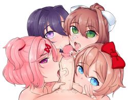 Rule 34 | 1boy, 4girls, blue eyes, bow, collarbone, commission, doki doki literature club, fellatio, green eyes, group sex, hair bow, hair intakes, hair ornament, hetero, licking, looking at viewer, looking to the side, monika (doki doki literature club), multiple girls, natsuki (doki doki literature club), open mouth, oral, penis, pink eyes, pink hair, pov, profile, purple eyes, purple hair, red bow, sayori (doki doki literature club), shiny skin, simple background, tahou, teamwork, teeth, testicle sucking, testicles, tongue, tongue out, uncensored, upper teeth only, veins, veiny penis, white background, white bow, yuri (doki doki literature club)