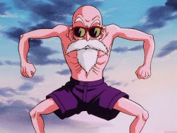 Rule 34 | 1boy, animated, animated gif, bald, bare legs, bare pectorals, beard, clenched hands, day, dragon ball, facial hair, fighting stance, frown, lowres, male focus, muscular, mustache, muten roushi, nipples, non-web source, pectorals, screencap, shorts, sky, standing, sunglasses, upper body, veins