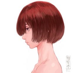 Rule 34 | 1girl, artist logo, closed mouth, from side, nude, original, portrait, profile, purple eyes, red hair, short hair, shu-mai, simple background, solo, white background