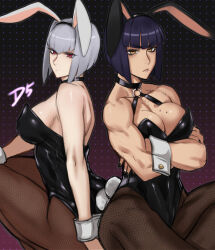Rule 34 | 2girls, animal ears, arms under breasts, bare arms, bare shoulders, black choker, black hair, black leotard, black nails, blunt bangs, blunt ends, bob cut, breasts, choker, closed mouth, commentary request, crossed arms, dot mouth, drill (emilio), fake animal ears, frown, grey hair, highres, large breasts, leotard, looking at viewer, mole, mole on breast, multiple girls, muscular, muscular female, nail polish, o-ring, original, pantyhose, playboy bunny, rabbit ears, red eyes, short hair, simple background, wrist cuffs, yellow eyes